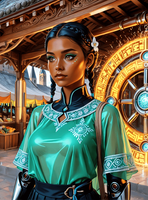 woman, market, gate, marketplace, building, cathedral, braid, flower, armour, wheel