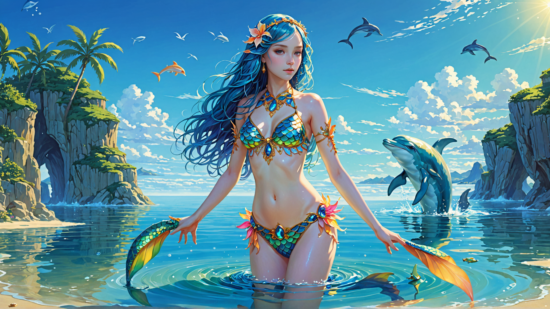 AI generated wallpaper featuring mermaid, dolphins, ocean