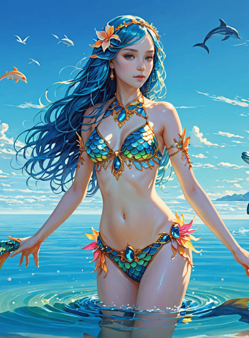 mermaid, dolphins, ocean