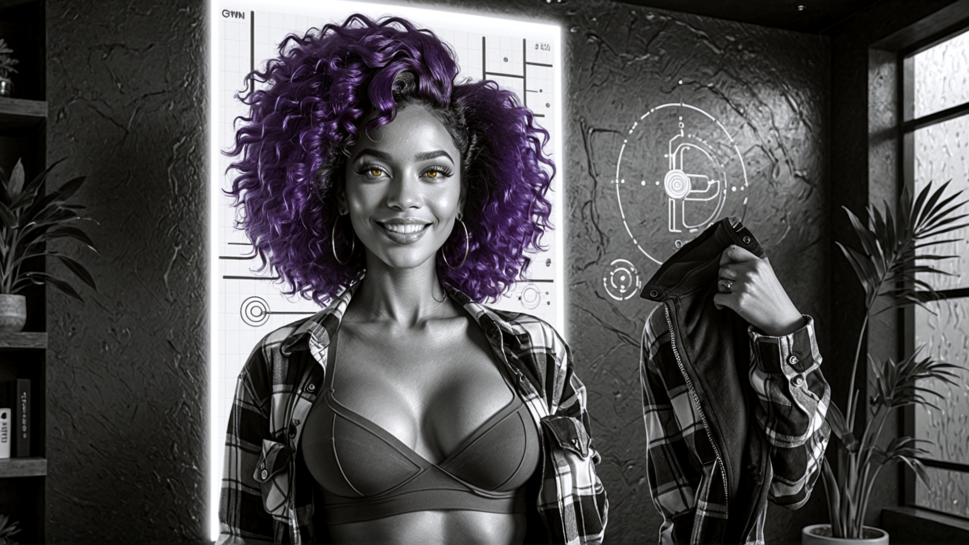 AI generated wallpaper featuring woman, curly hair, plaid shirt, bra, jacket, plants, wall, window