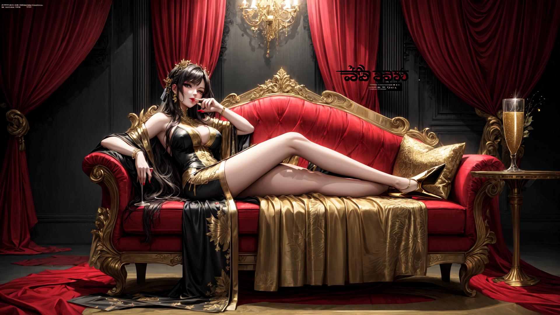 AI generated wallpaper featuring woman, sofa, curtain, chandelier, glass, dress