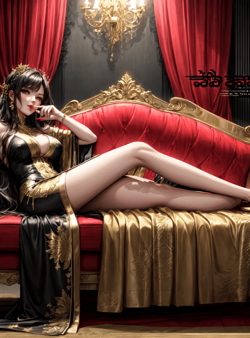 woman, sofa, curtain, chandelier, glass, dress