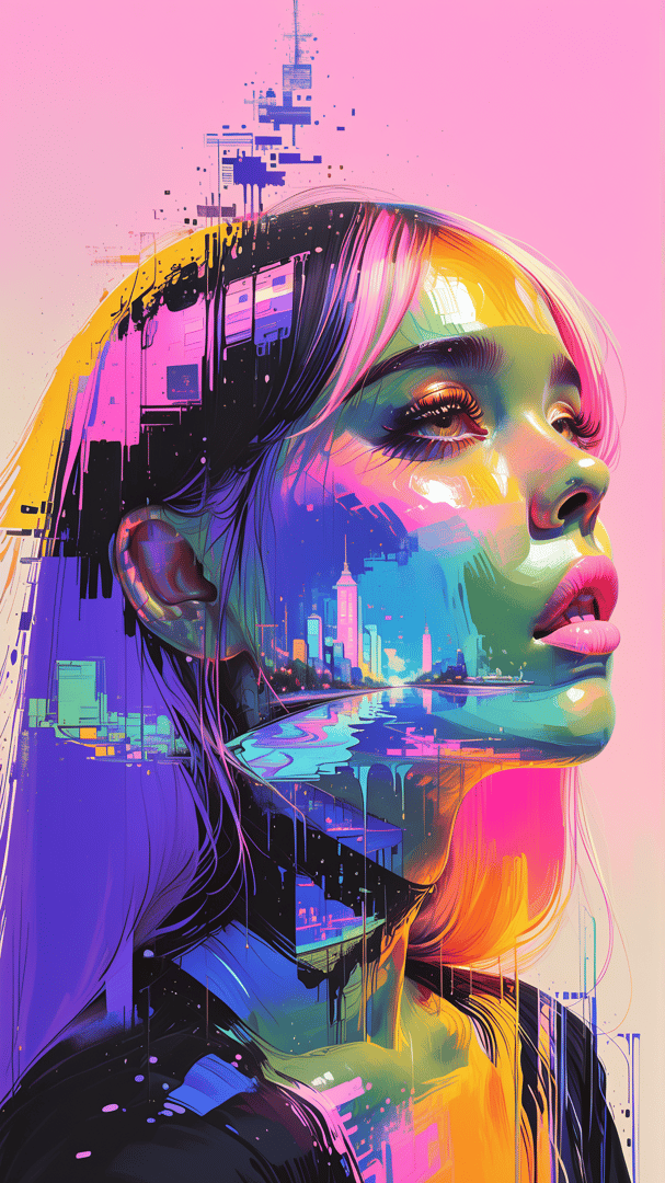 AI generated wallpaper featuring woman, cityscape, urban, silhouette, reflection, graffiti