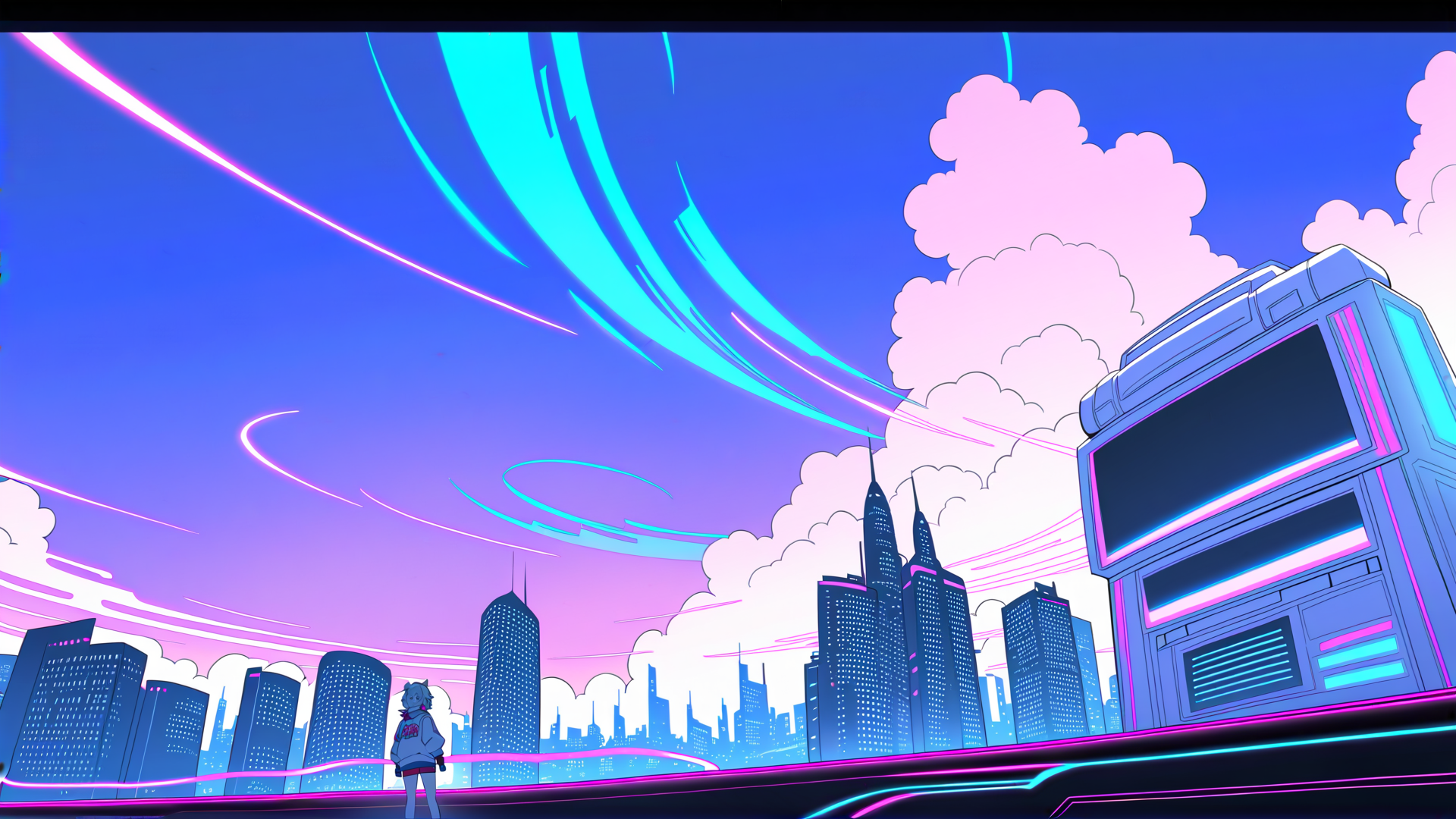 AI generated wallpaper featuring cityscape, character, building