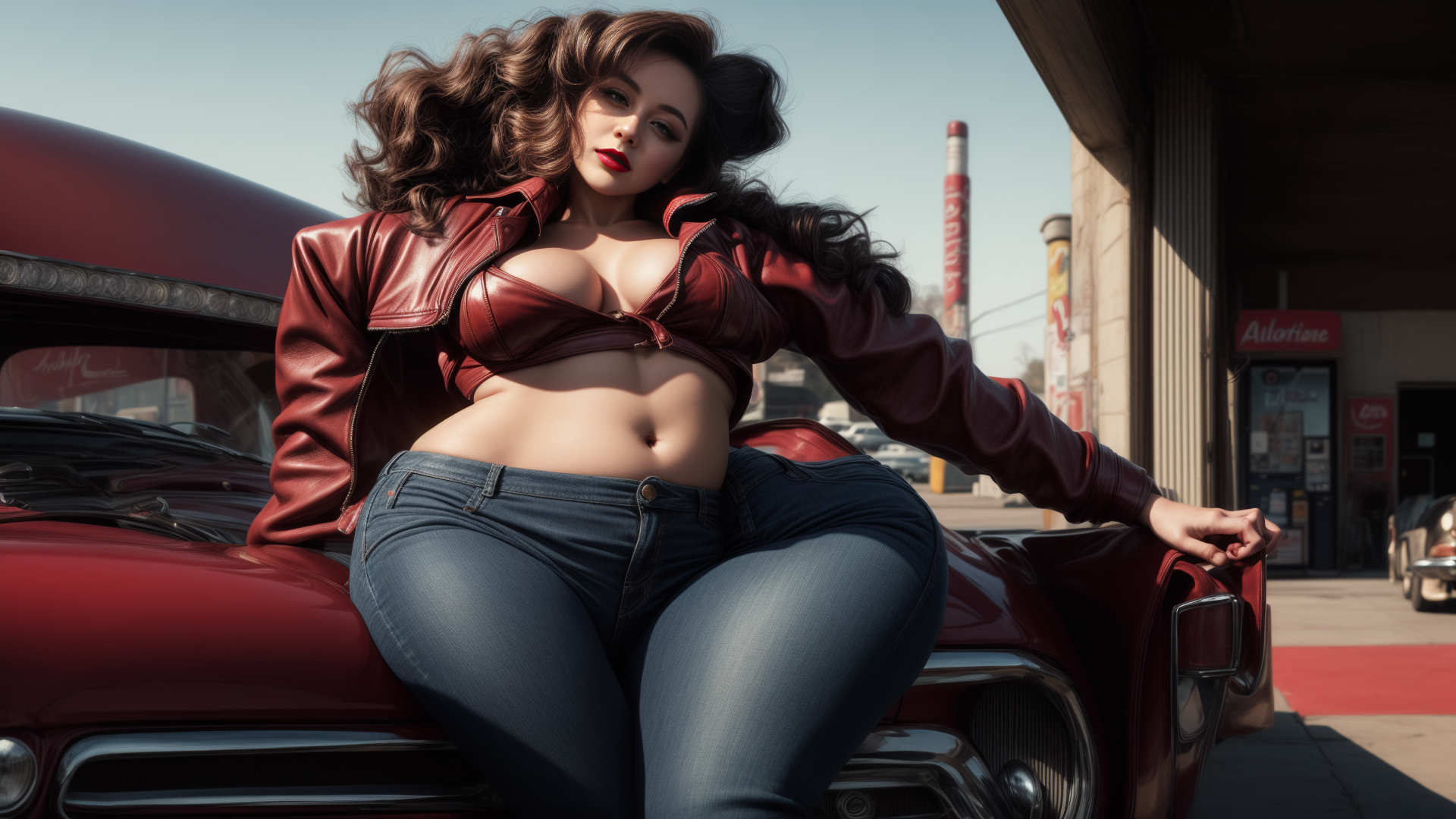 AI generated wallpaper featuring woman, car, gas station