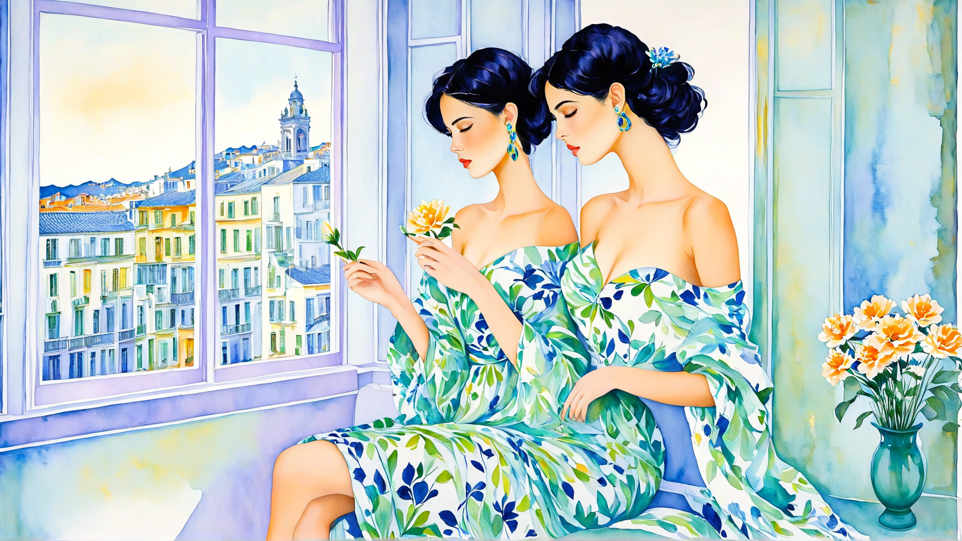 AI generated wallpaper featuring women, dress, flower, window, cityscape, vase