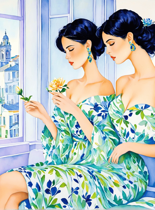 women, dress, flower, window, cityscape, vase