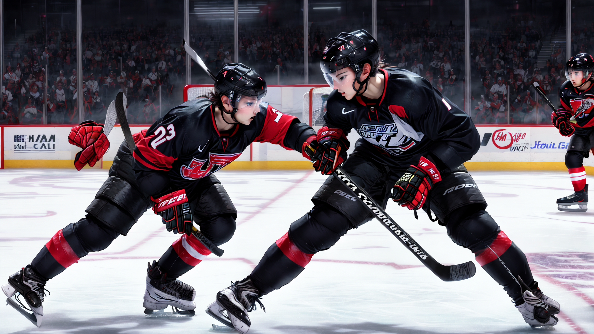 AI generated wallpaper featuring hockey, players, ice, skates, helmet, jersey, stick, gloves, puck, rival