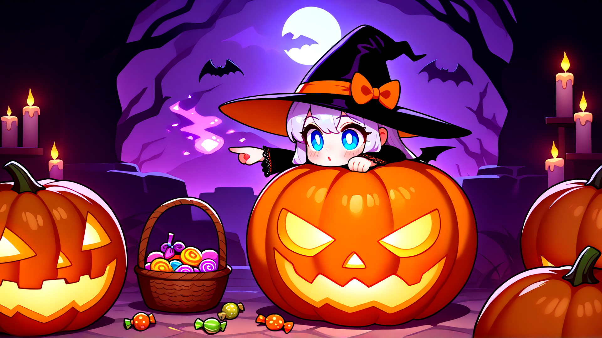 AI generated wallpaper featuring witch, pumpkin, candy, bats, candles, basket, moon, ghost, candy, trees