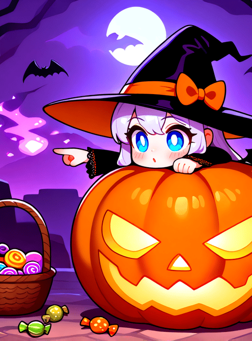 witch, pumpkin, candy, bats, candles, basket, moon, ghost, candy, trees