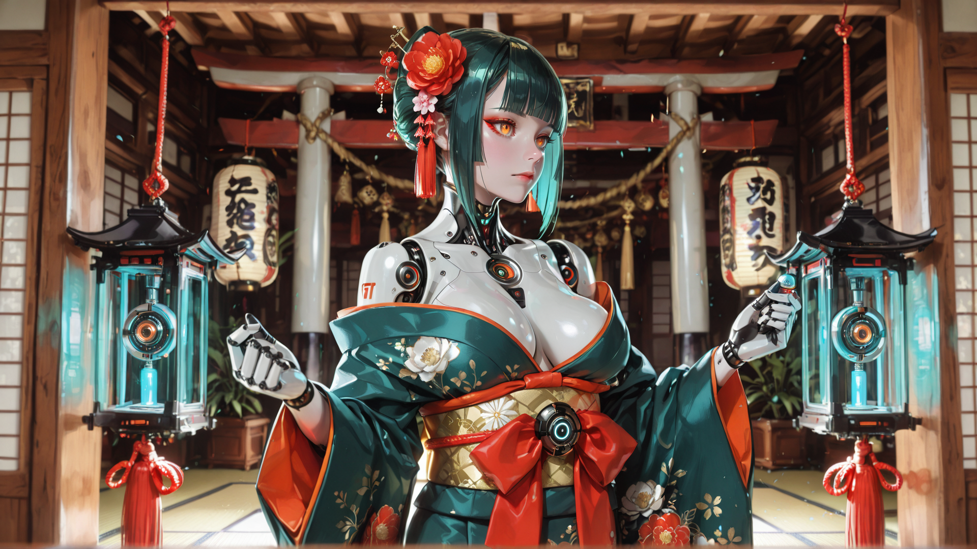 AI generated wallpaper featuring robot, geisha, lantern, kimono, flower, lantern