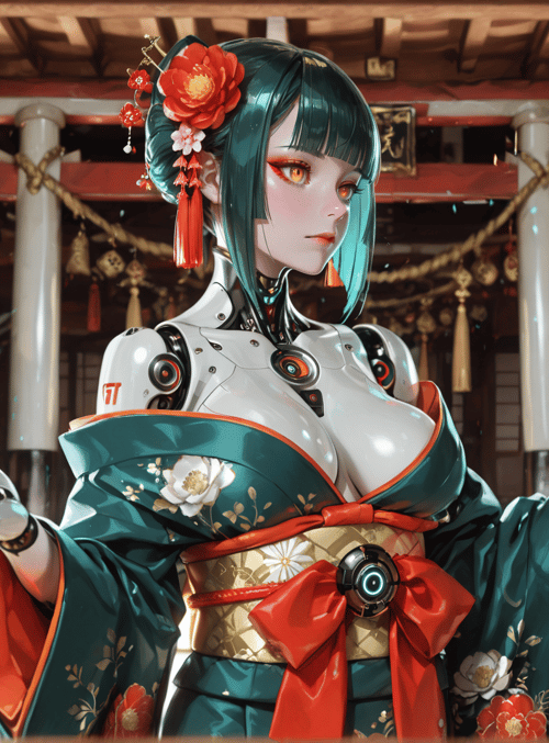 robot, geisha, lantern, kimono, flower, lantern