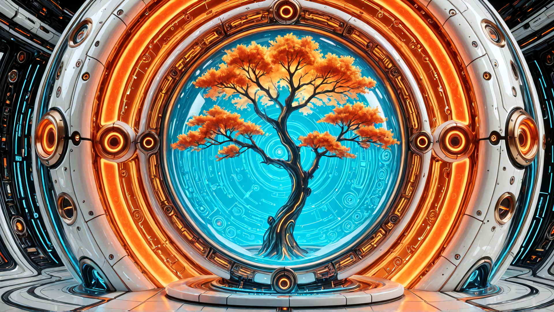 AI generated wallpaper featuring tree, portal, technology, circles, orbit, neon, cyberpunk, tree, machine, sphere