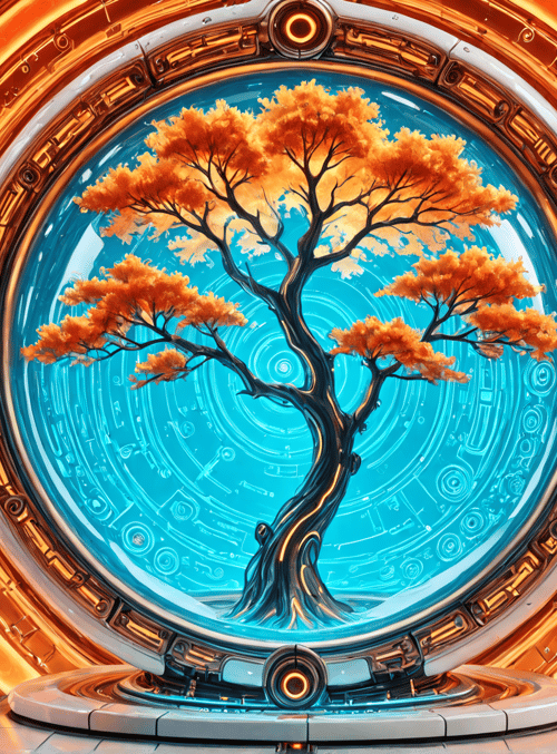 tree, portal, technology, circles, orbit, neon, cyberpunk, tree, machine, sphere