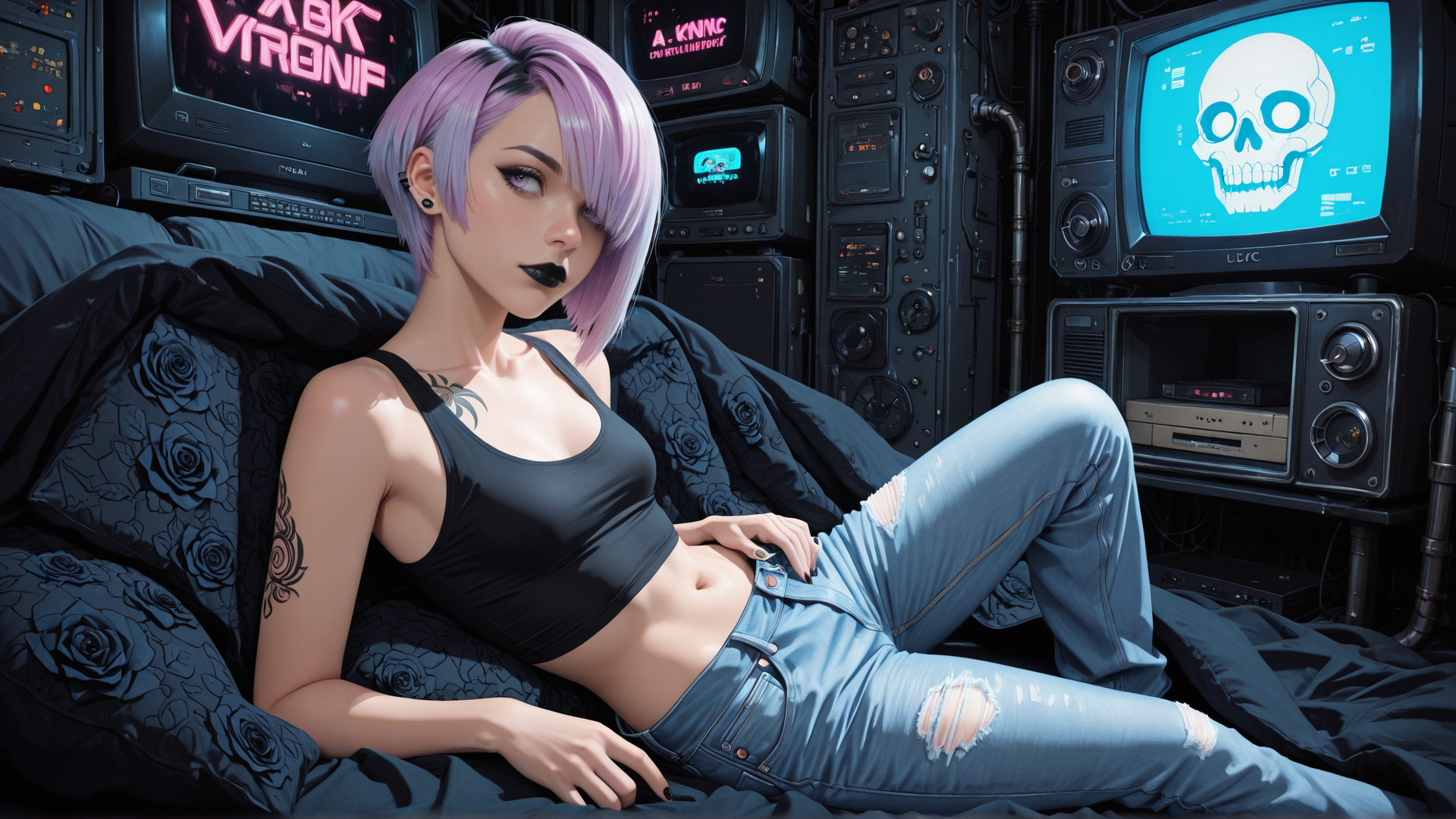 AI generated wallpaper featuring woman, tattoo, jeans, tank top, screens, skull, bed, rose pattern, short hair, earrings