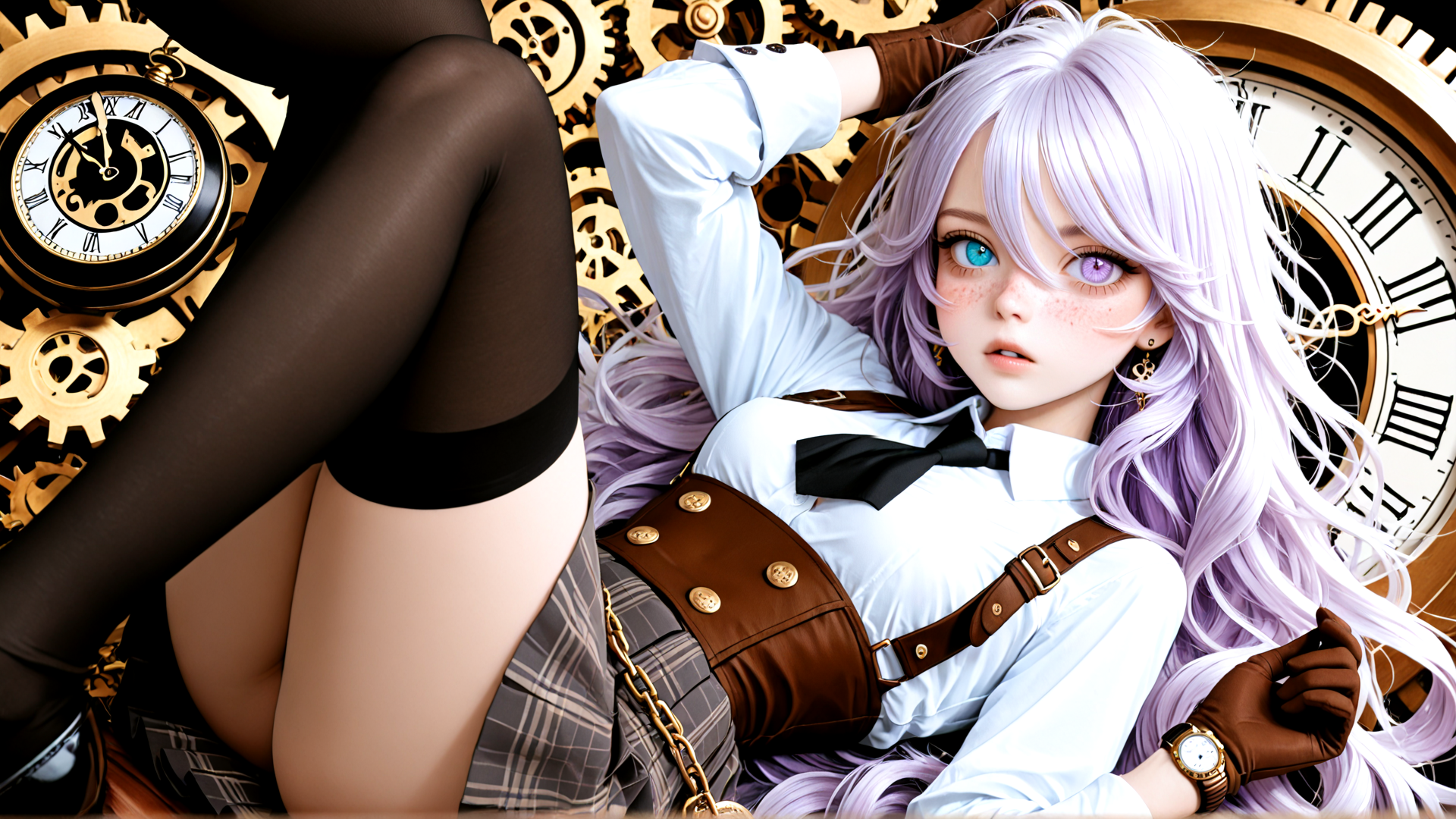 AI generated wallpaper featuring girl, clock, gears, bow tie, gloves, hose
