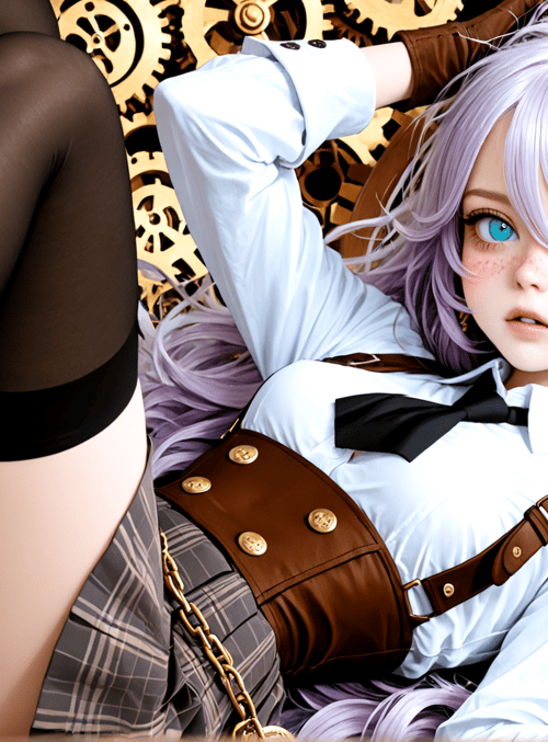 girl, clock, gears, bow tie, gloves, hose