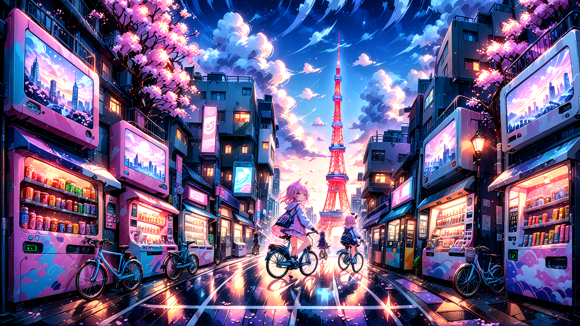AI generated wallpaper featuring girl, bicycles, tokyo tower