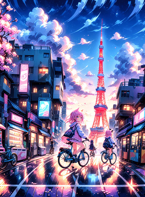 girl, bicycles, tokyo tower