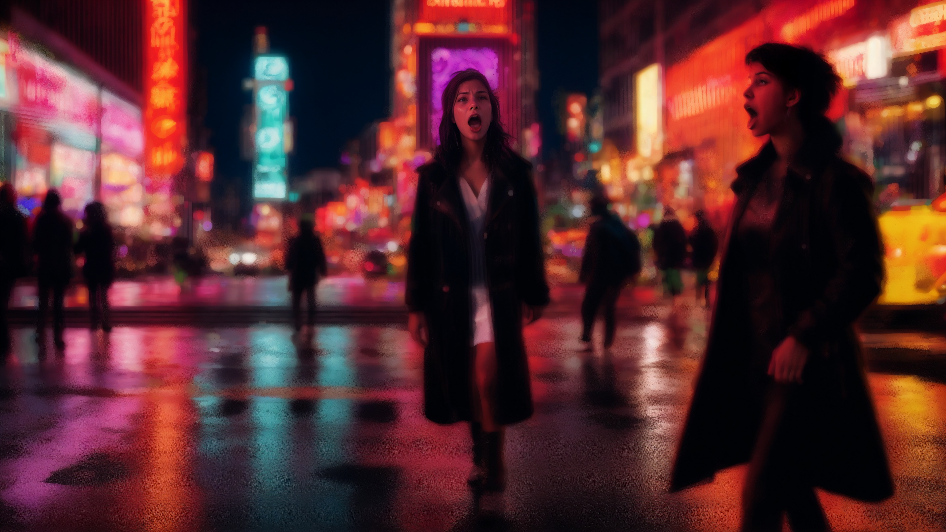 AI generated wallpaper featuring women, cityscape, neon
