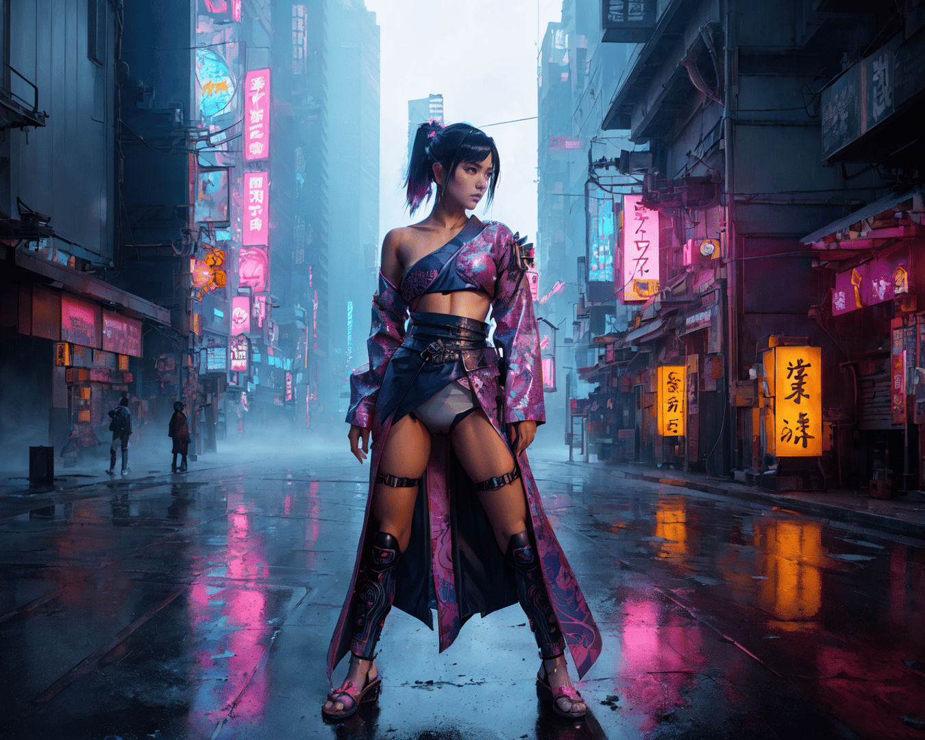 AI generated wallpaper featuring woman, cyberpunk, street