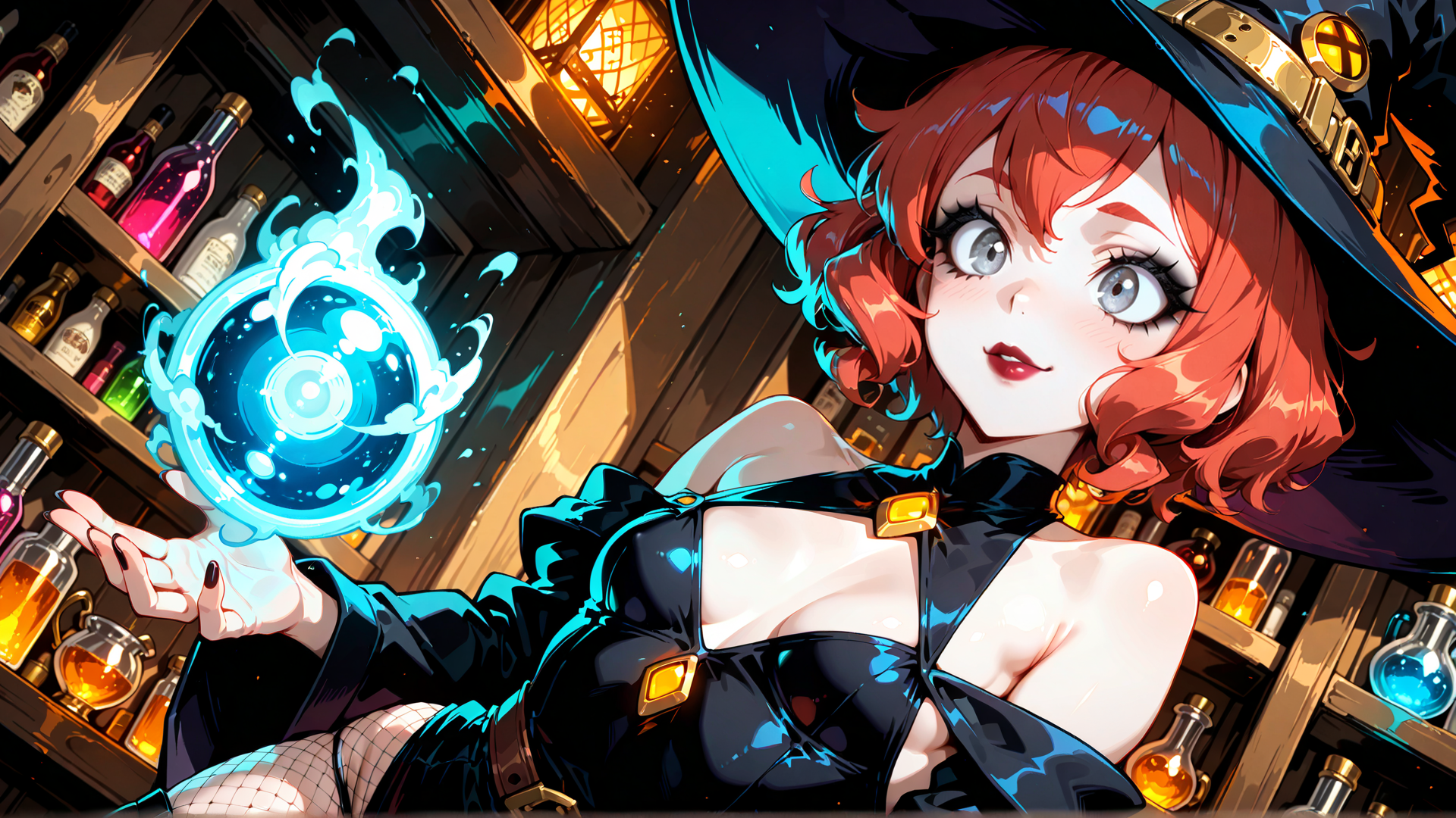 AI generated wallpaper featuring witch, bottle, magic, spell, hat, dress, laboratory, flame, alchemy, liquid
