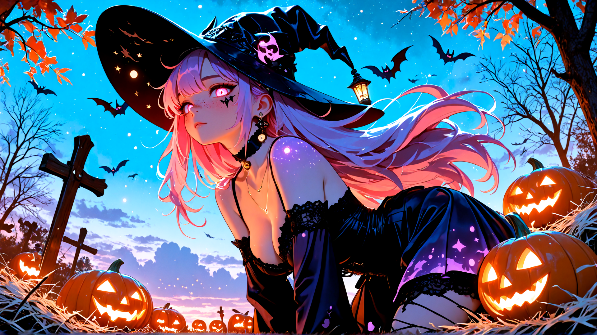 AI generated wallpaper featuring witch, pumpkin, bat, cross, tree, lantern, girl, hair, sky, stars