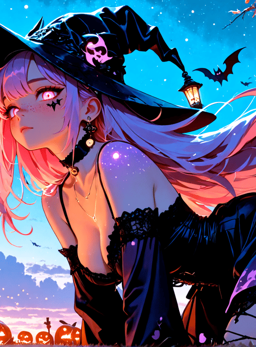 witch, pumpkin, bat, cross, tree, lantern, girl, hair, sky, stars