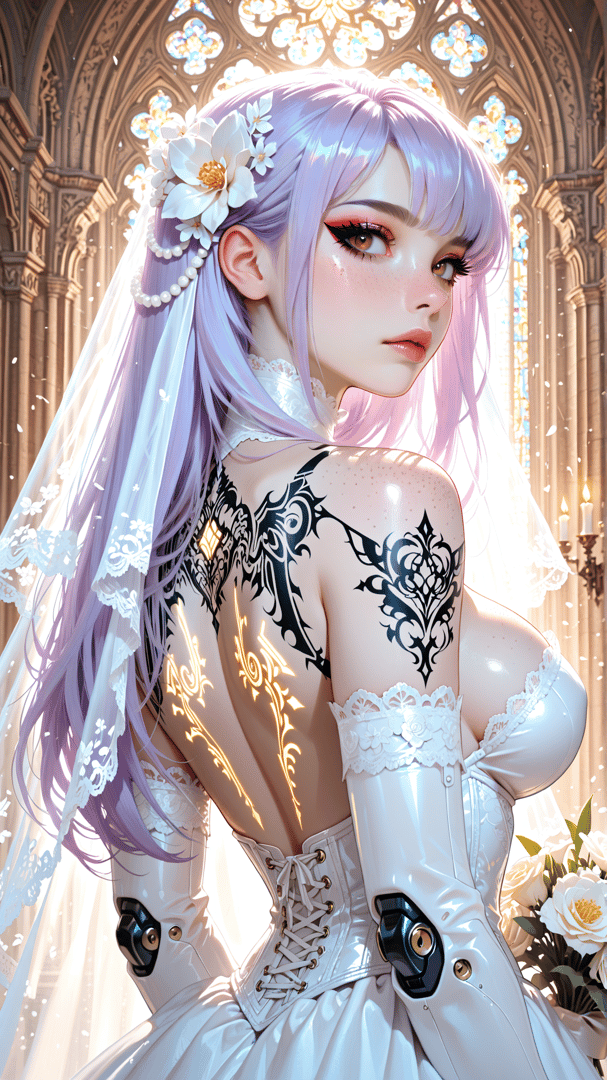 AI generated wallpaper featuring bride, goddess, angel, fashion, chapel, veil, tattoo, flower, gown, gloves