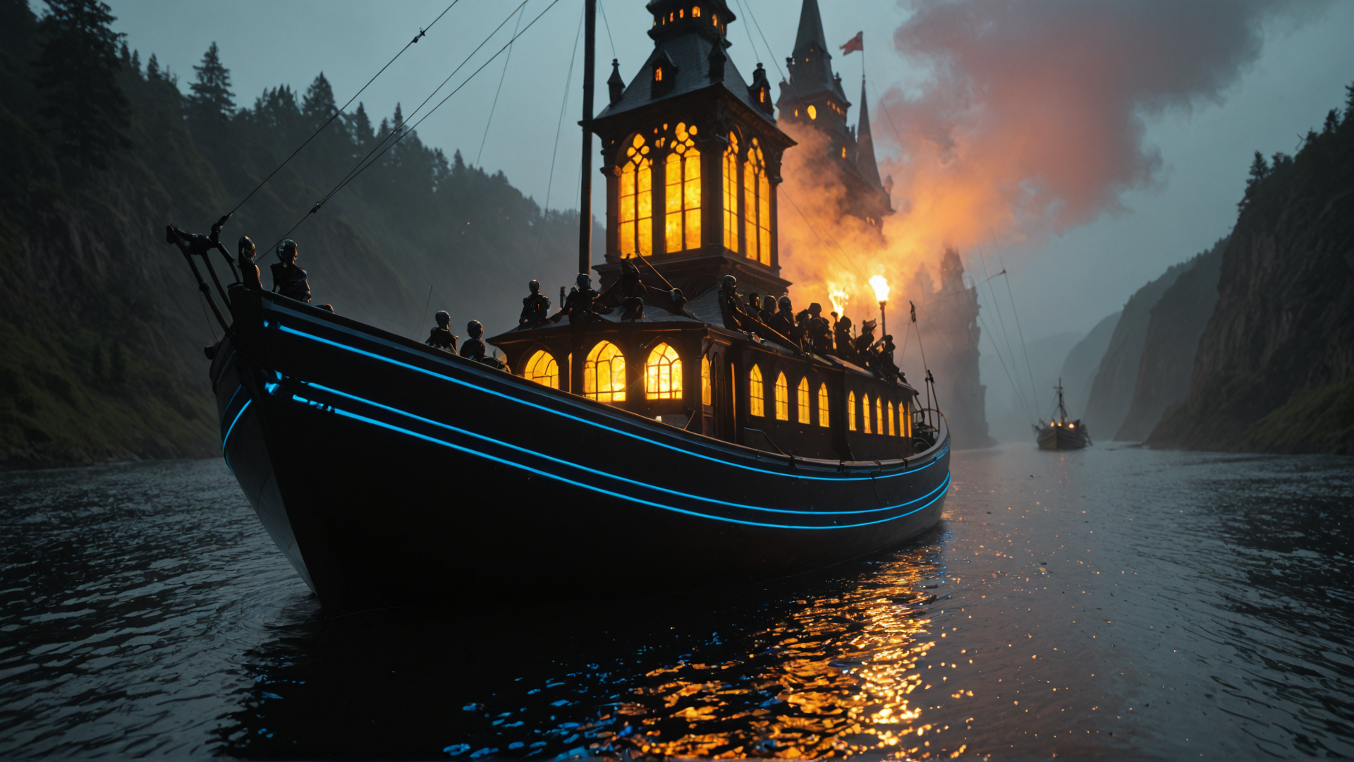 AI generated wallpaper featuring boat, castle, river