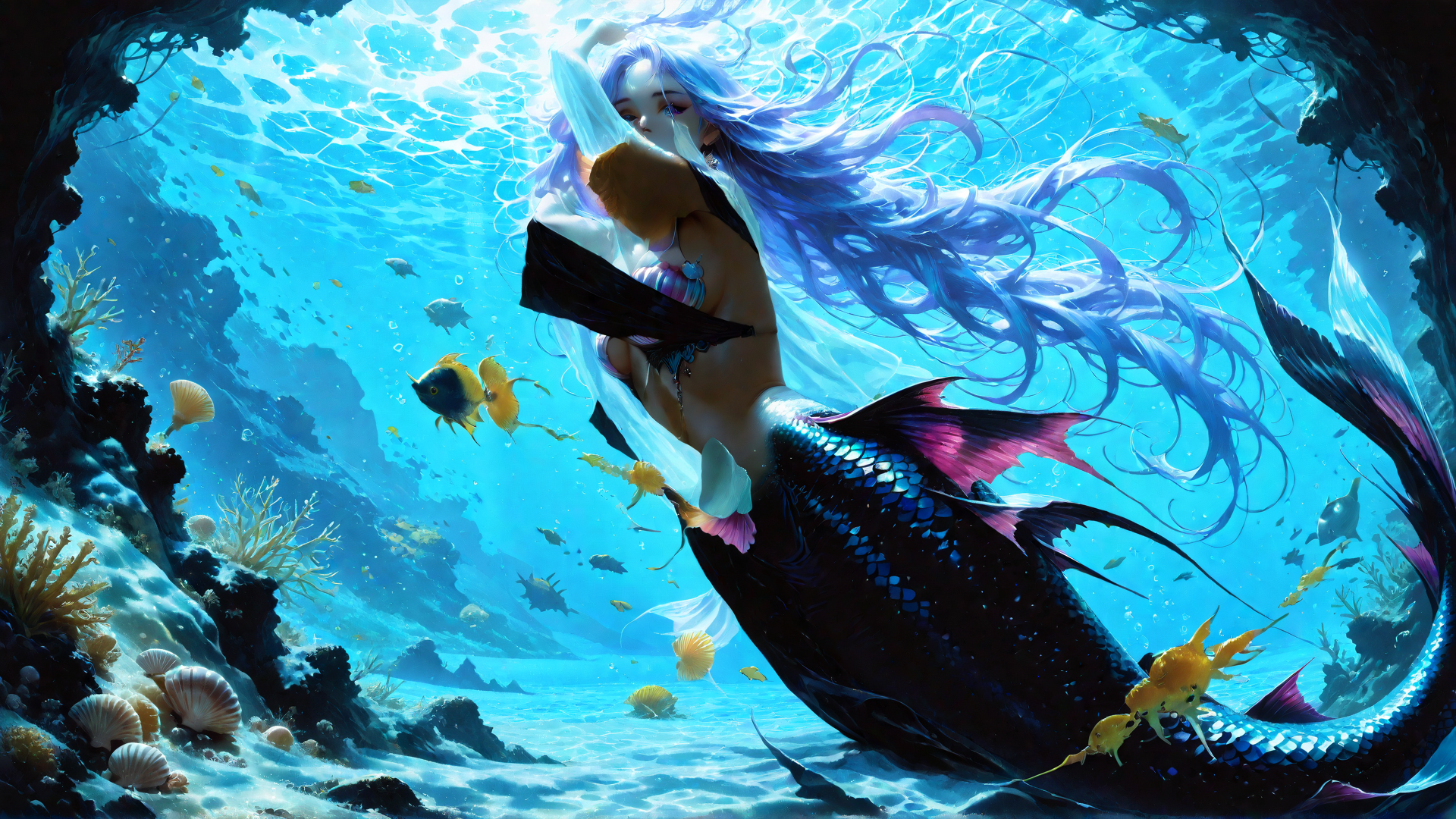 AI generated wallpaper featuring mermaid, fish, coral, seashell, underwater, tentacle, kelp, sunlight, ocean, mermaid tail