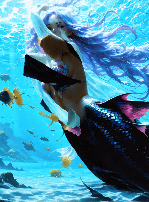 mermaid, fish, coral, seashell, underwater, tentacle, kelp, sunlight, ocean, mermaid tail