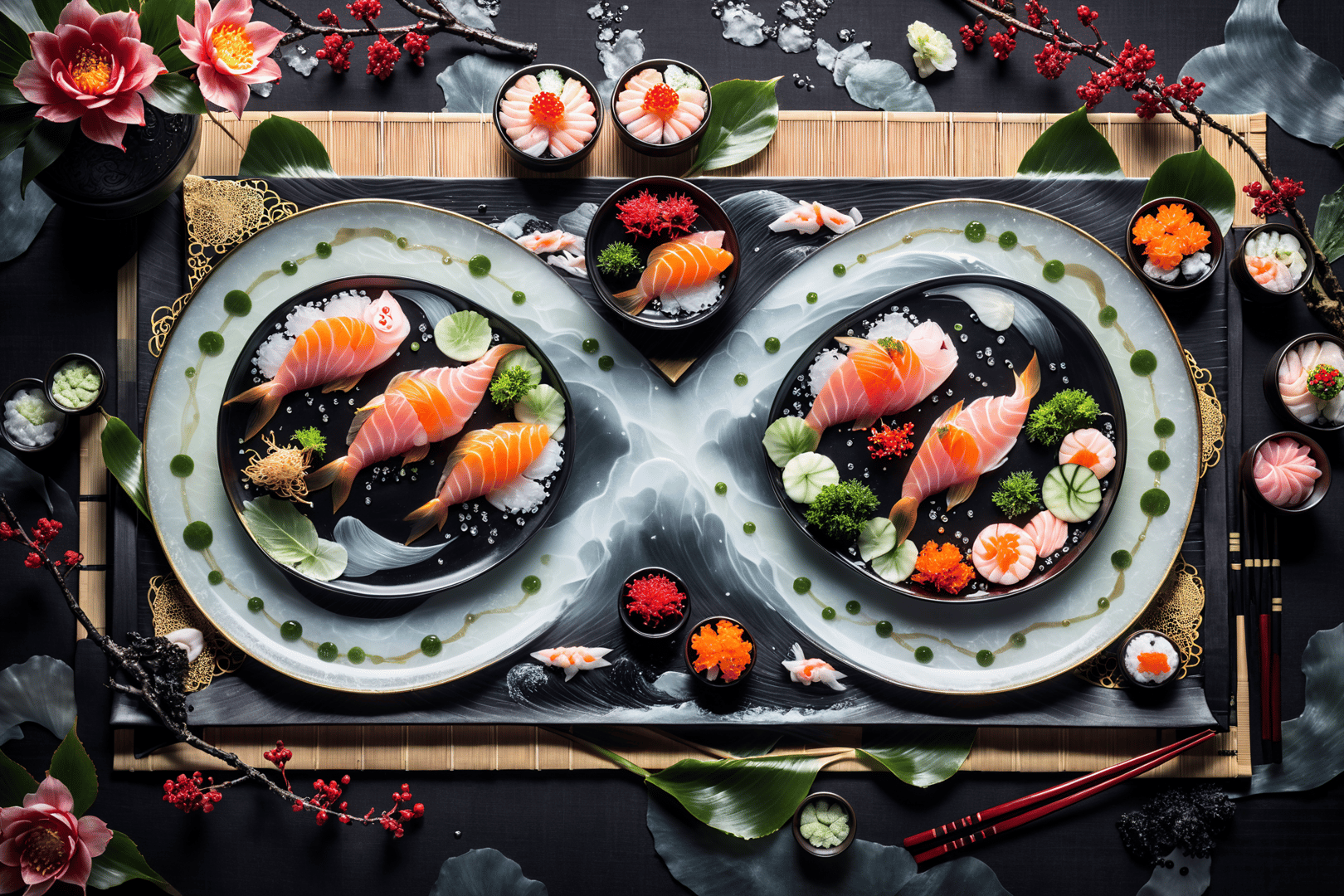 AI generated wallpaper featuring sushi, sashimi, platter