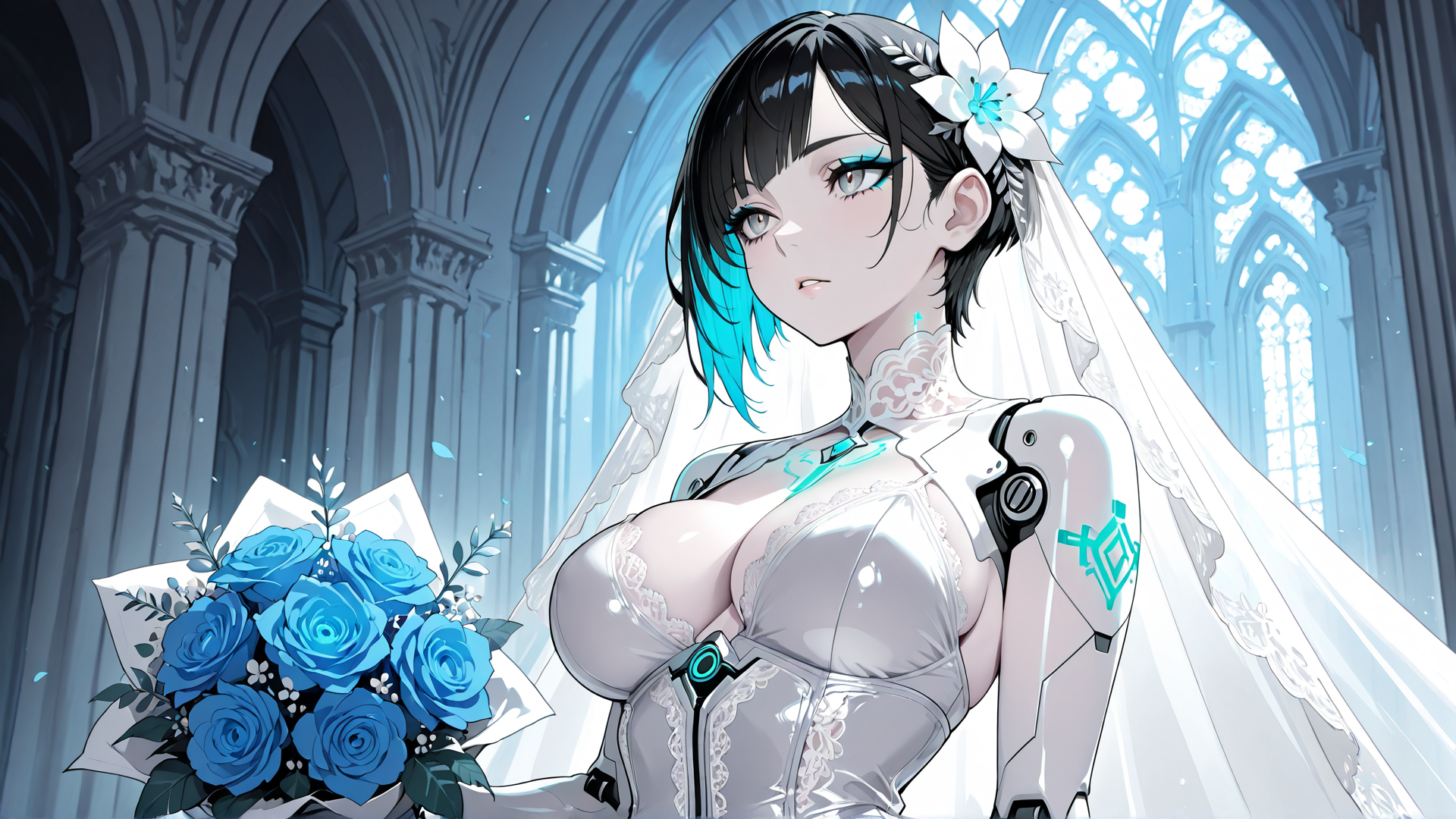 AI generated wallpaper featuring robot, bride, gown, veil, roses, flower