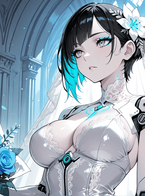 robot, bride, gown, veil, roses, flower