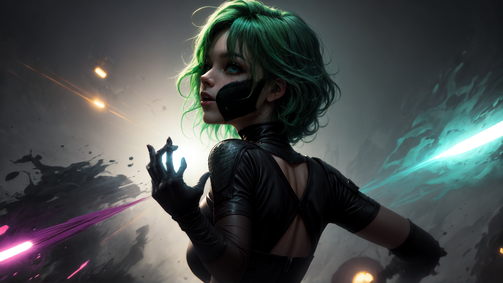 AI generated wallpaper featuring cyberpunk, woman, gloves, lightsaber, neon