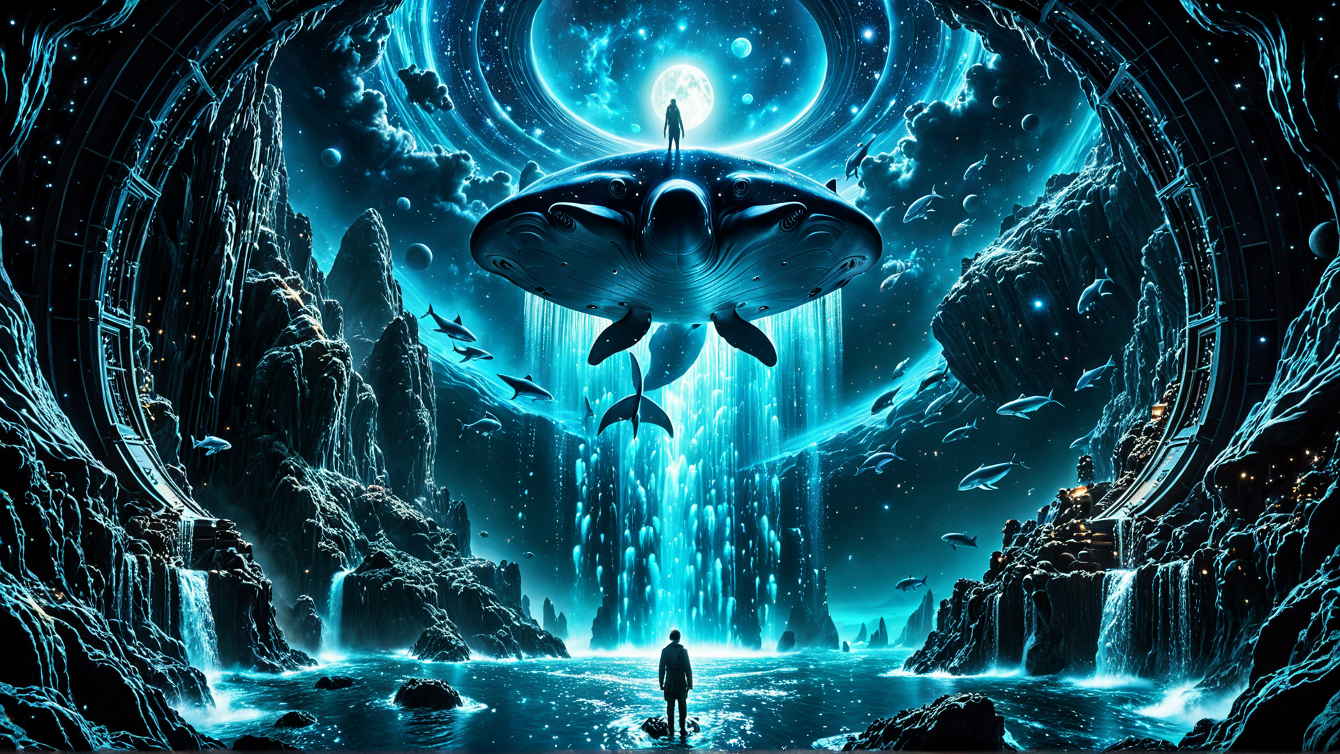 AI generated wallpaper featuring person, whale, fish, mountain, waterfall, moon, planet, cave, star, light