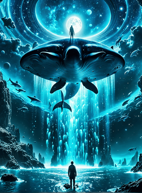 person, whale, fish, mountain, waterfall, moon, planet, cave, star, light