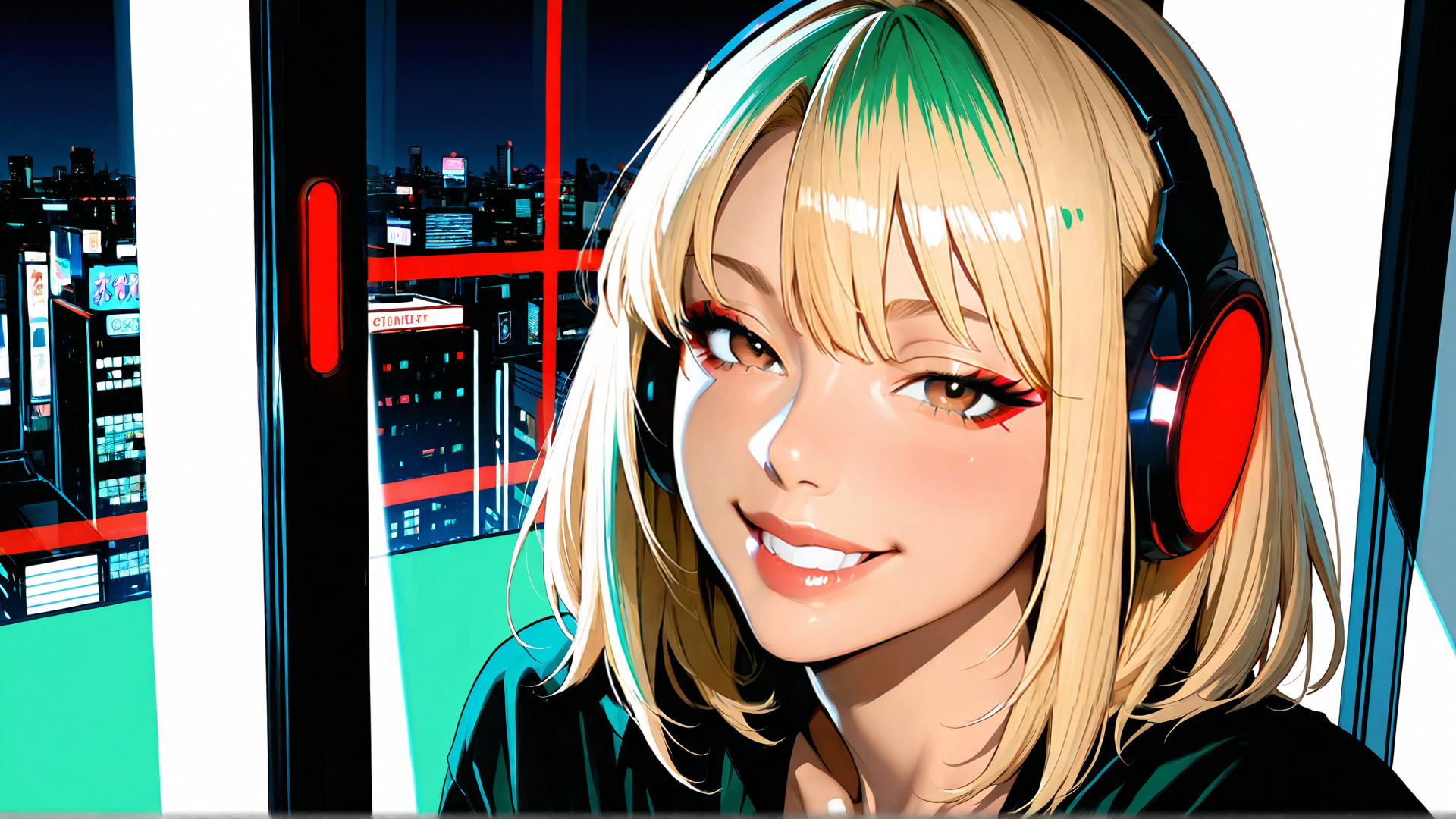 AI generated wallpaper featuring girl, headphones, cityscape, window