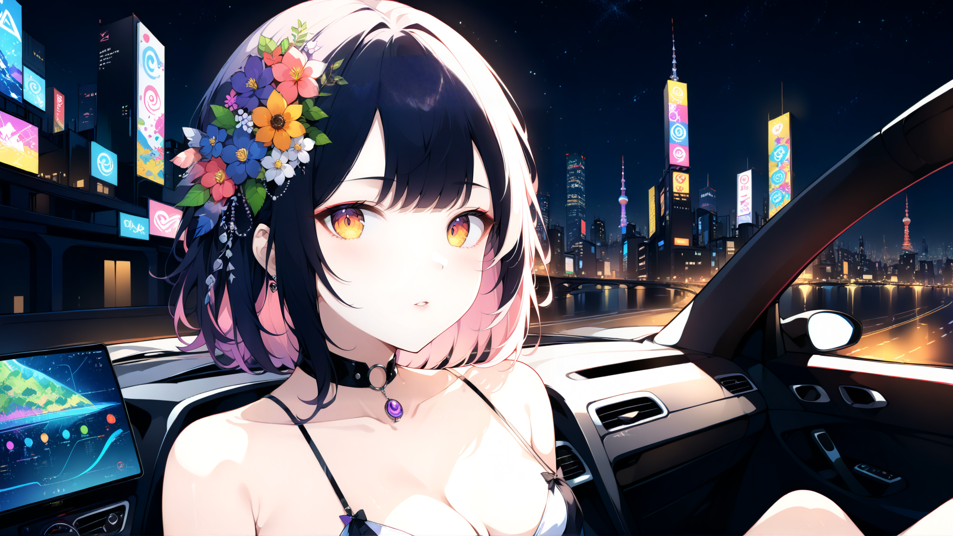 AI generated wallpaper featuring girl, car, city