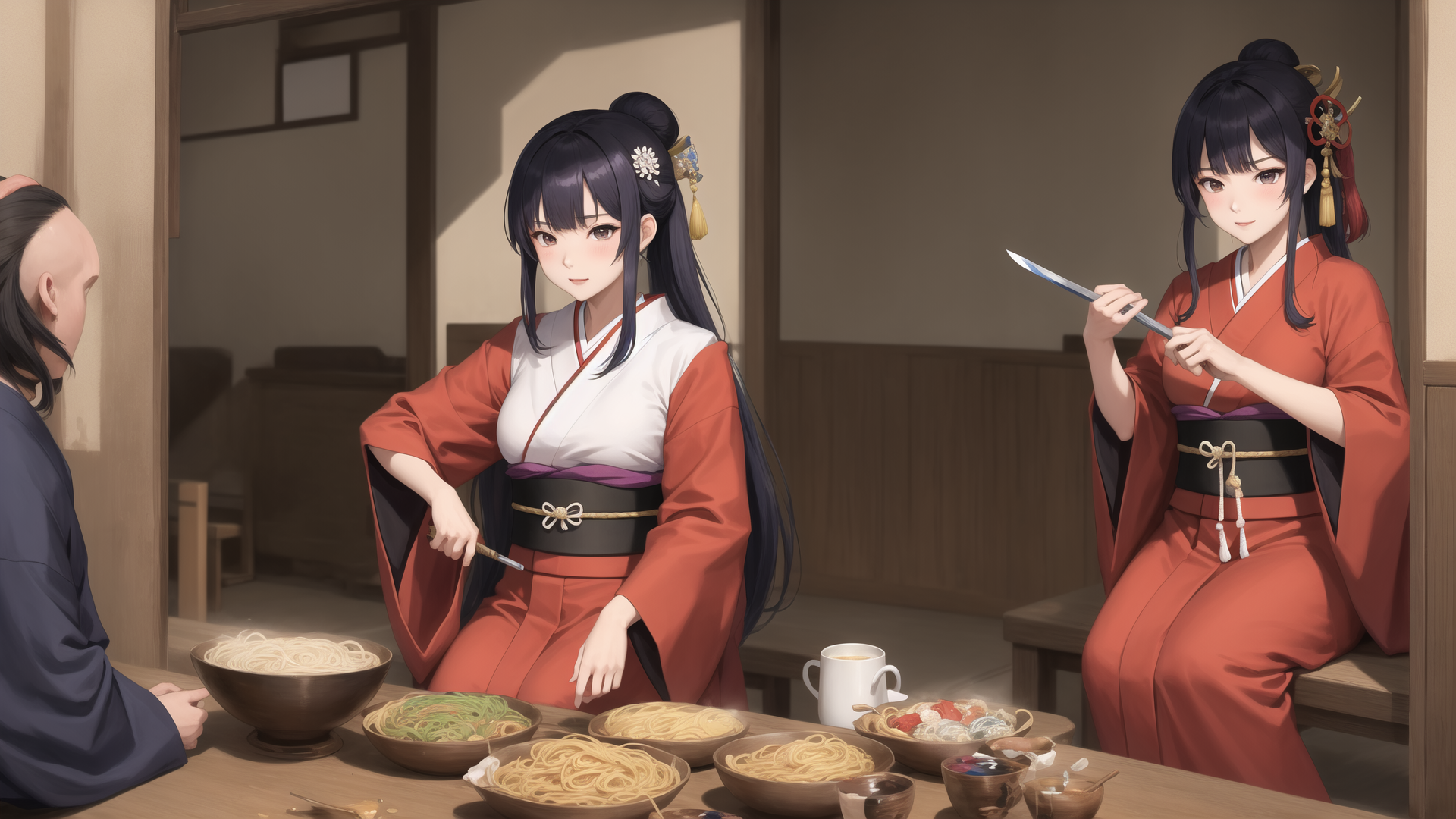 AI generated wallpaper featuring women, noodles, kimono, table, cup, sake, chopsticks, sword, room, sitting
