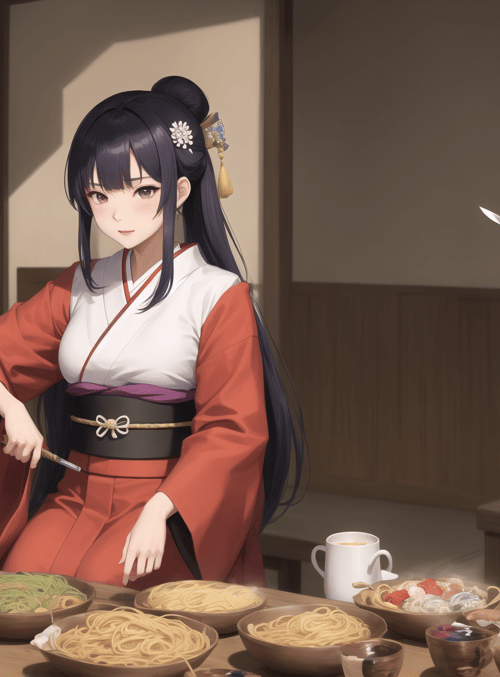 women, noodles, kimono, table, cup, sake, chopsticks, sword, room, sitting