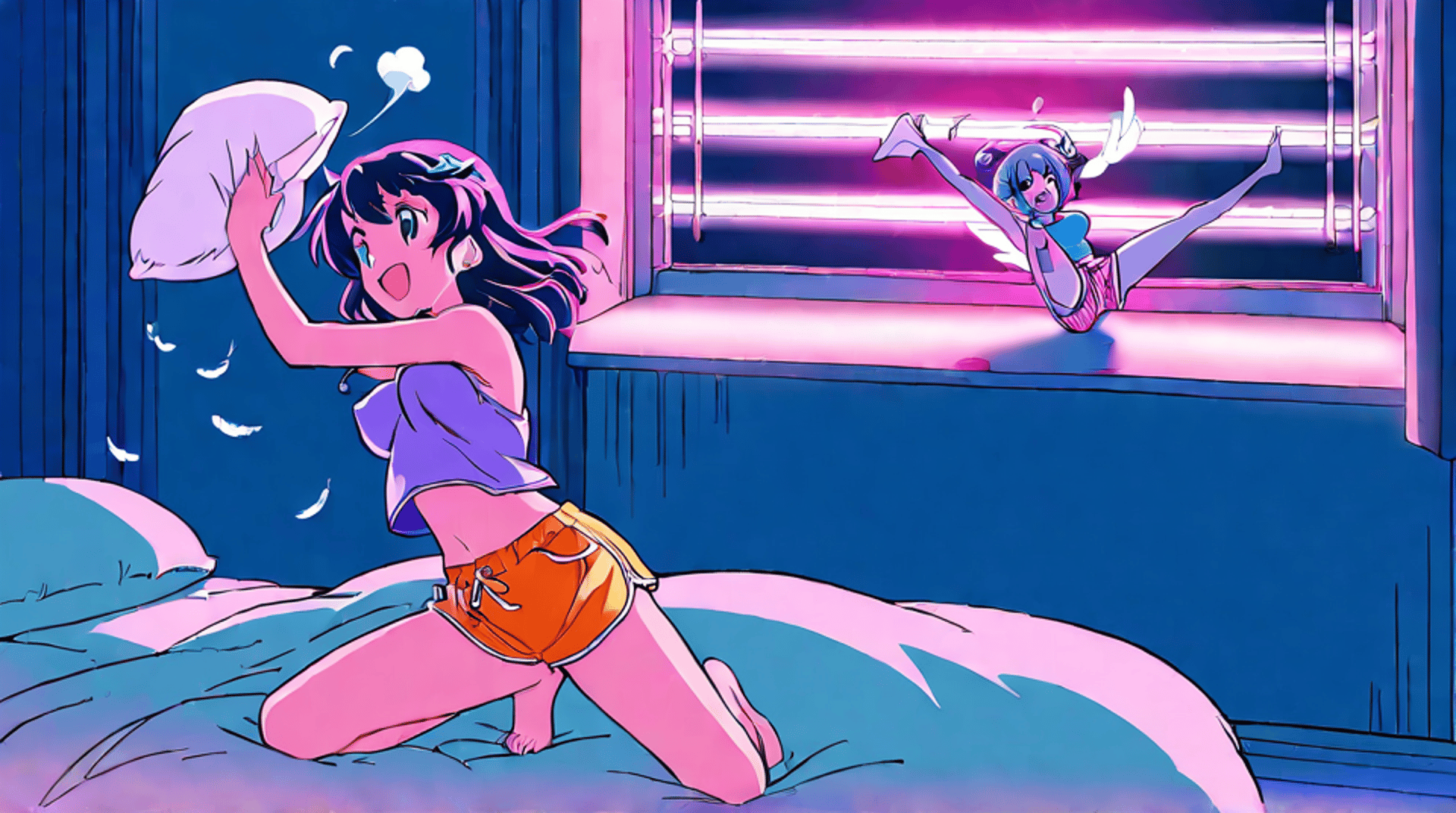 AI generated wallpaper featuring girls, pillow, window