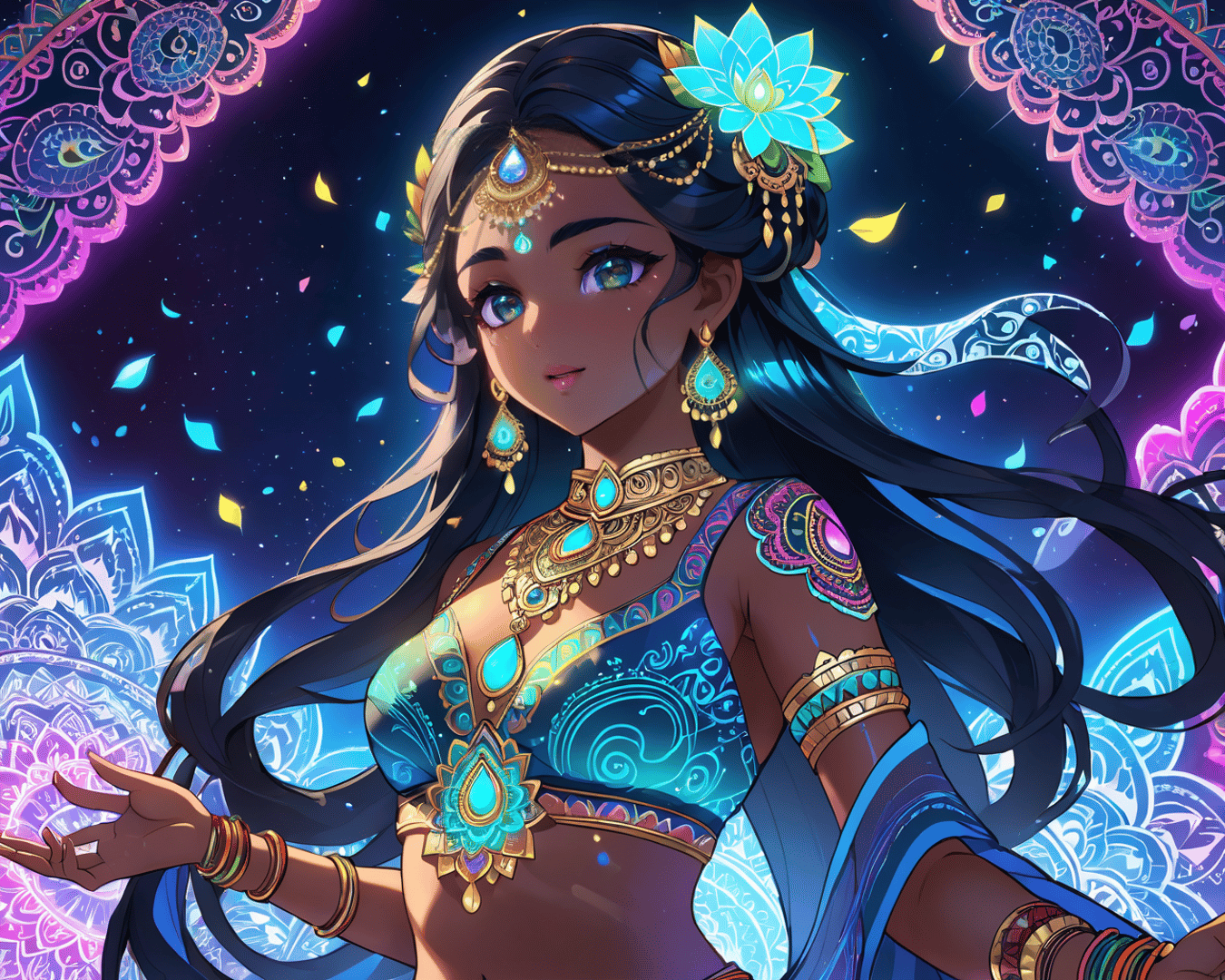 AI generated wallpaper featuring woman, lotus, jewelry