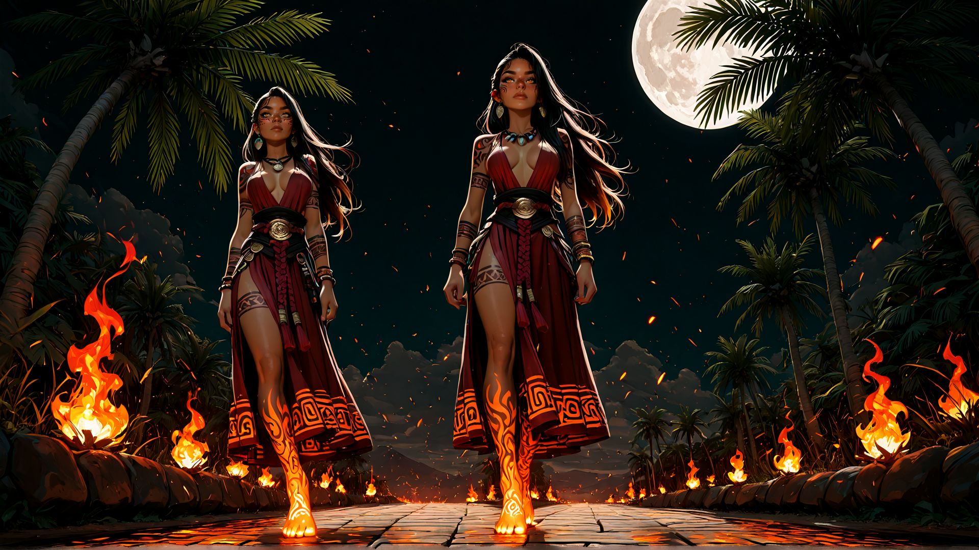 AI generated wallpaper featuring women, palm trees, fire, moon, stone path