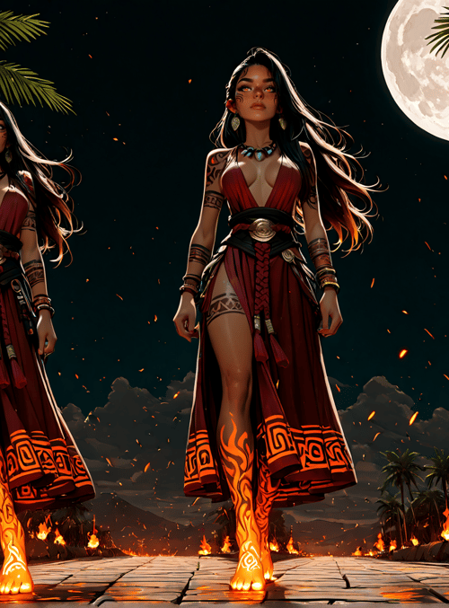 women, palm trees, fire, moon, stone path