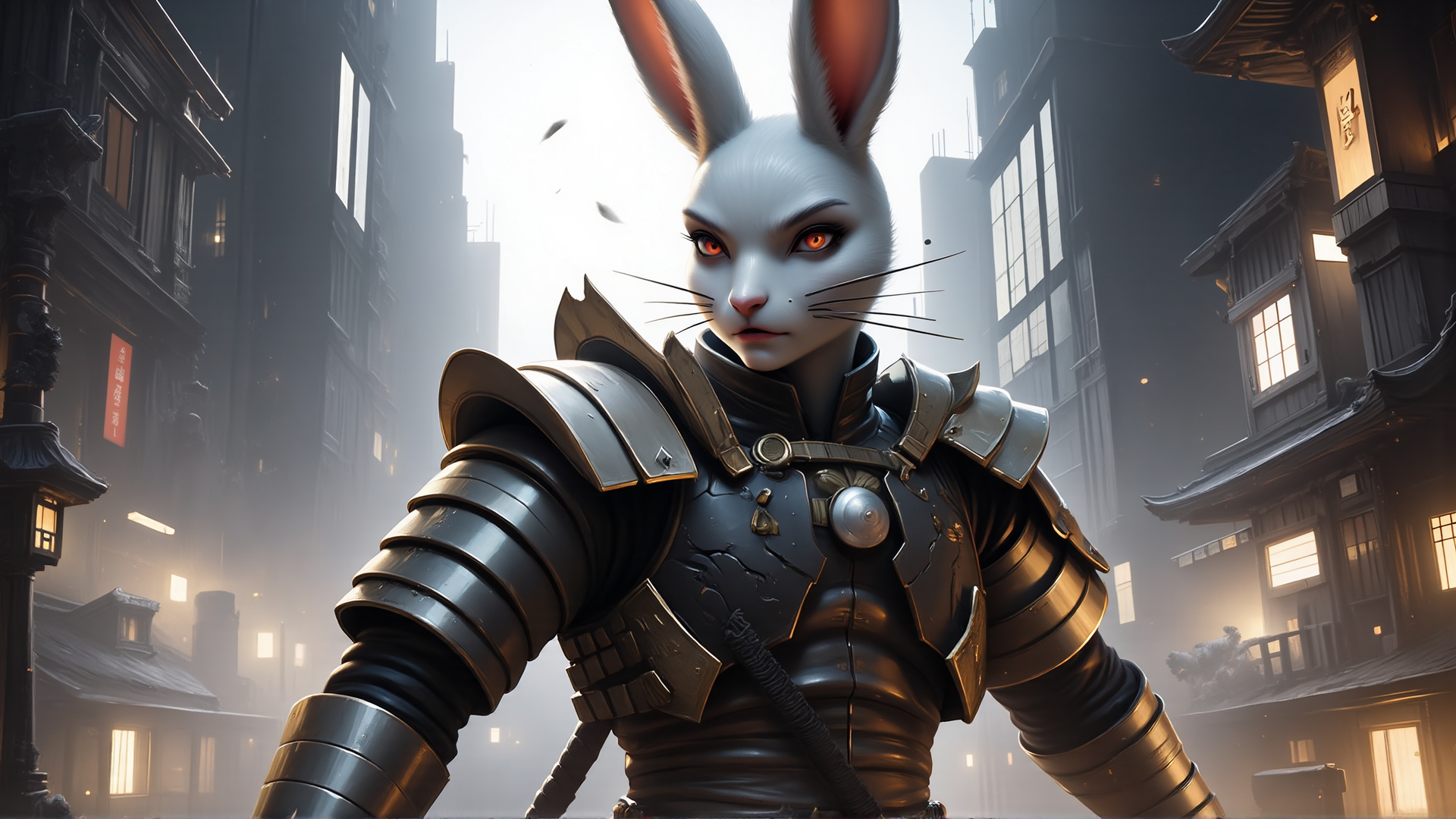 AI generated wallpaper featuring rabbit, samurai, armor, urban, city