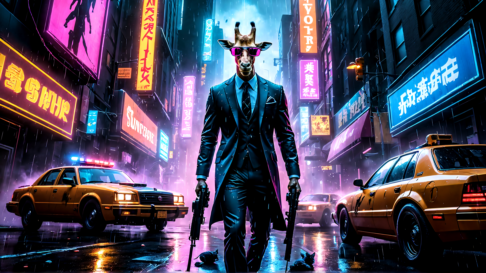 AI generated wallpaper featuring giraffe, taxi, gun, neon, city