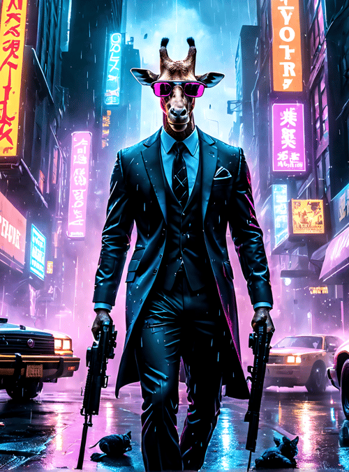 giraffe, taxi, gun, neon, city