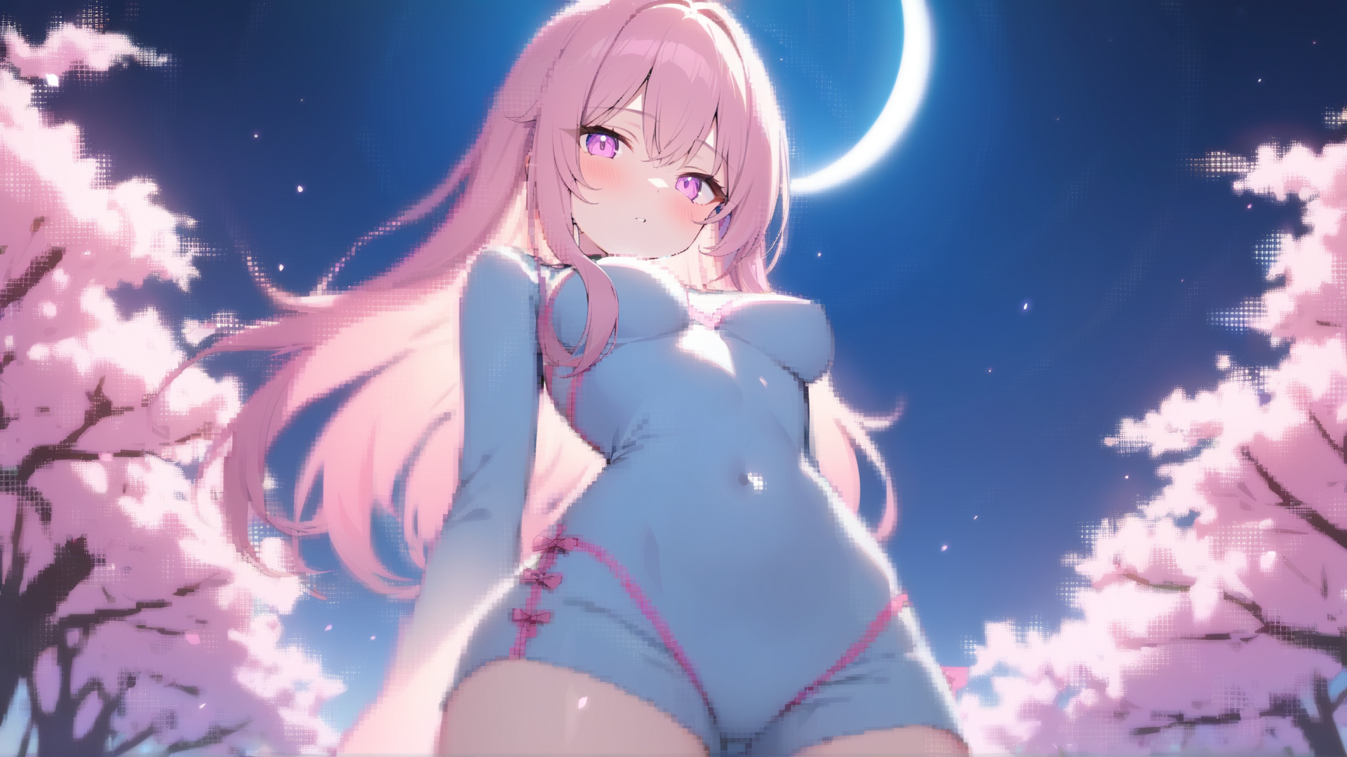 AI generated wallpaper featuring anime girl, cherry blossoms, moon